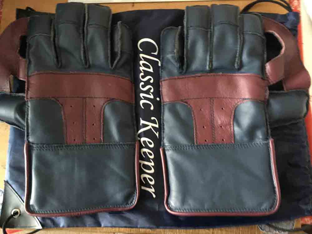 Blue wicket keeping gloves with brown features