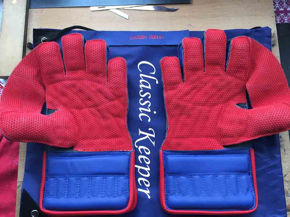 Blue wicket keeping gloves with red palms