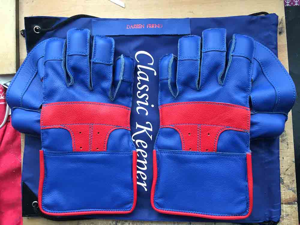 Blue wicket keeping gloves with red features